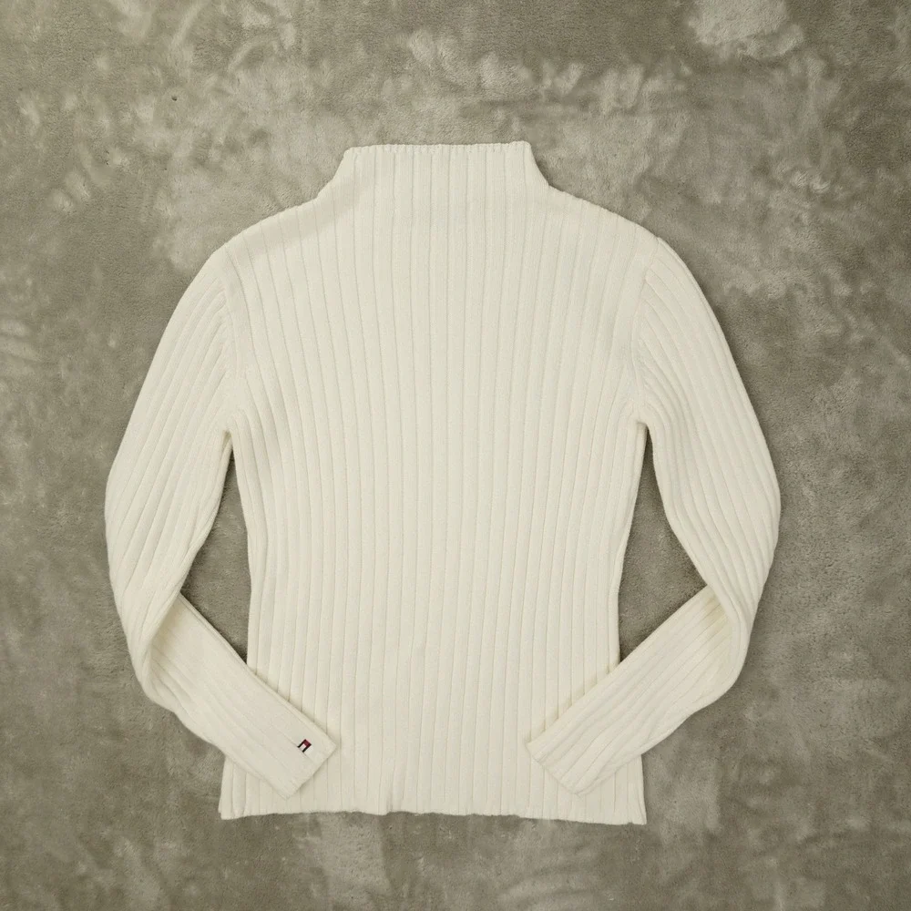 Tommy Hilfiger Vintage Y2K Mock Neck Sweater Womens Medium White Rib Knit Preppy